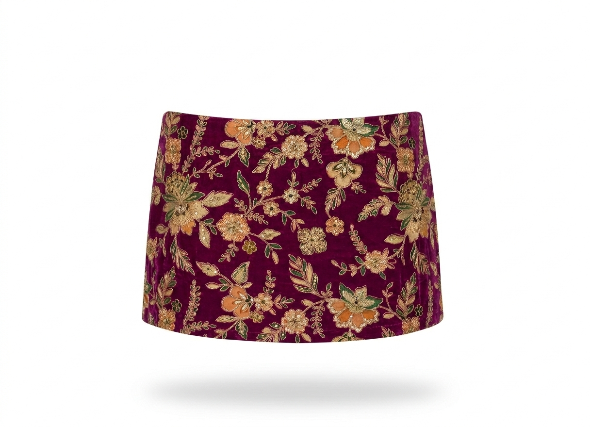 Plum Shreya Flora skirt, mini skirt with shorts built in and heavy beaded embroidery