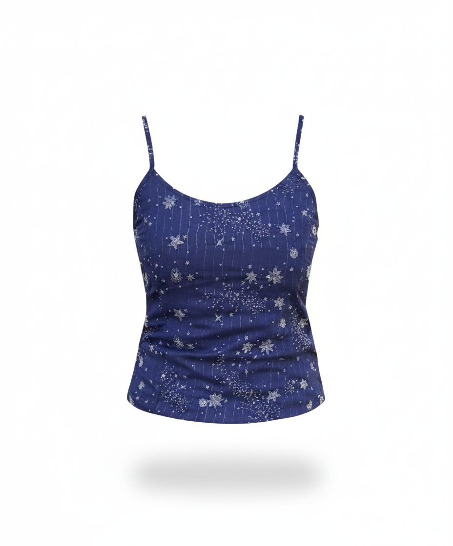 Blue tank top with star pattern on a white background