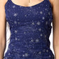 Navy blue tank top with star pattern worn by a person on a plain background