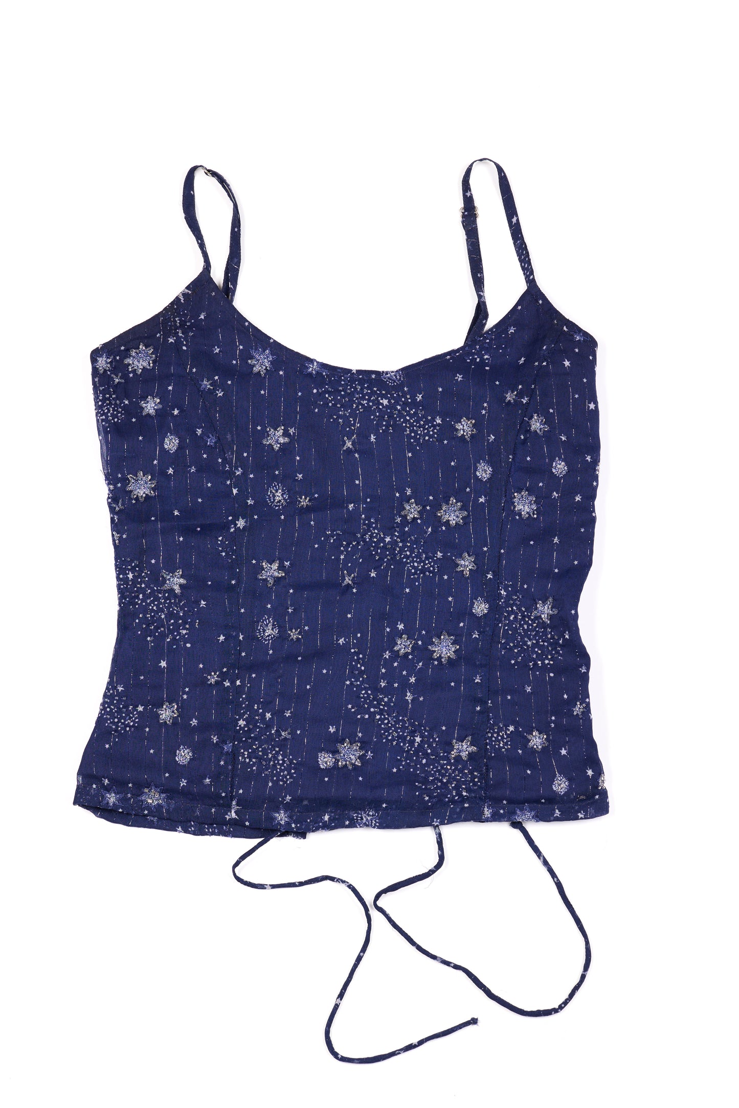 Navy blue tank top with star pattern on a white background